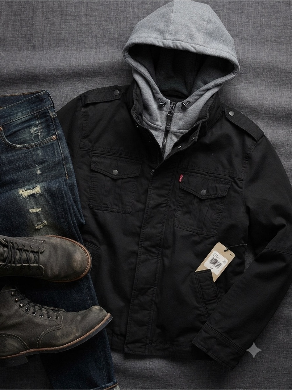 Levi's Black Field Jacket with Grey Hood